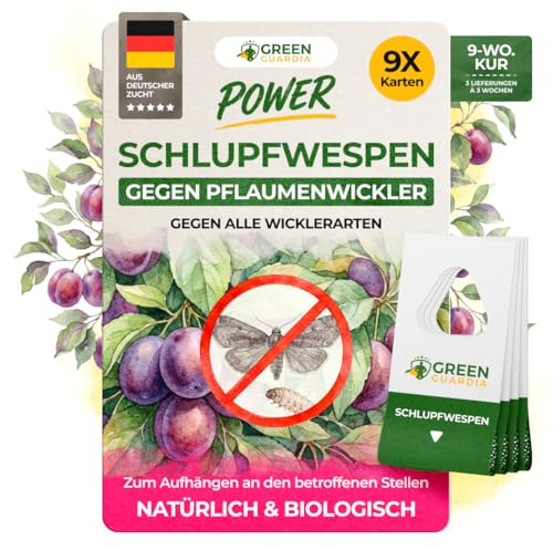 GREEN GUARDIA Avispas eclosionadoras contra ciruelas – 9 tarjetas de 3 entregas – Eficaz control orgánico contra rulos de ciruelas, alternativa a trampa para bobinado, pulverizadores, nematodos y
