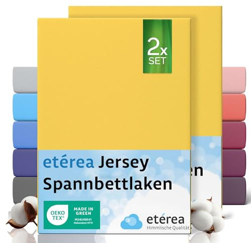 etérea Jersey 2er Set Spannbettlaken 90x200cm - 100x200cm Gelb bis 25 cm Höhe - 100% Baumwolle Spannbetttuch Oekotex - Doppelpack Bettlaken 90x200 cm - 100x200 cm - Yellow