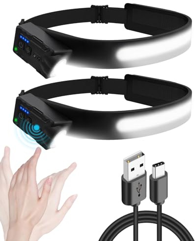 Lampada Frontale, 2 Pezzi Torcia Frontale led Ricaricabile, Indicatore di Batteria, Regolazione Verticale a 270°, Spegnimento Tramite Gesto, per Campeggio, Pesca, Escursionismo, Arrampicate Notturne