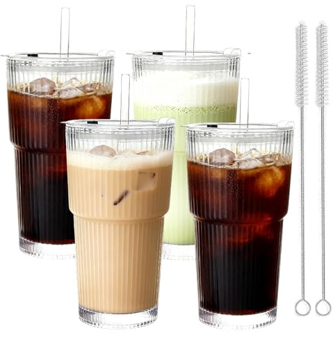 MEETOZ Iced Coffee Cup,4 Set 600ml Finew Glass Cups,Ribbed Glass Tumblers with Lids and Glass Straws,for Smoothies, Beer, Cola, Juice, Soda