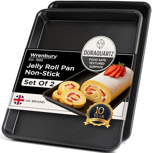 Wrenbury Swiss Roll Tin Set of 2 - Carbon Steel DuraQuartz Non-Stick Baking Tray for Roulade and Sponge - Large 39 x 27cm Oven Tray
