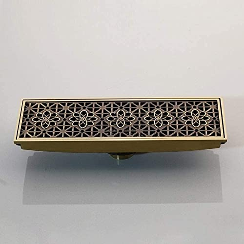 Cubierta de drenaje de ducha antiolor, inserto de azulejos lineales de latón antiguo para baño, 300 mm x 100 mm, escurridor de residuos, cubierta de tapón de fregadero
