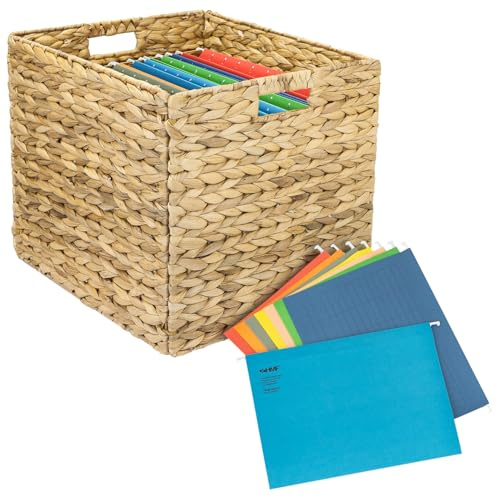 Cesta de almacenamiento HMF adecuada para Kallax para archivos colgantes DIN A4, cesta trenzada de jacinto de agua, incluye 8 archivos colgantes, 33 x 38 x 32 cm