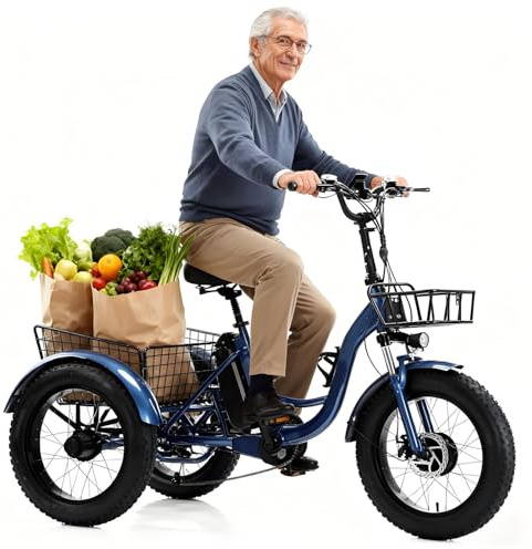 flatpincololee Triciclo Eléctrico Adulto 20x4.0 Todo Terreno – Motor 500W, Batería Extraíble 48V 13Ah, Amortiguador, Luz LED, Gran Cesta de Carga, E-Bike de Tres Ruedas Blue