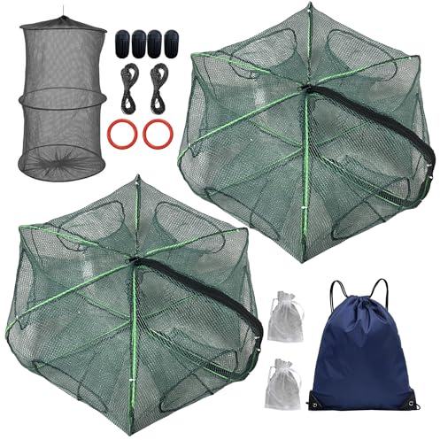 2Pcs Foldable Fish Trap,Minnow Trap,Crab Trap,Fishing Net,Bait Cage for Crabs Minnow Lobster Shrimp Crawfish (6Holes)