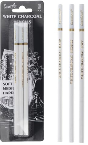 Blanco Bosquejo Lápiz, 3 piezas, lápices de carbón blanco para artistas, bocetos y pintura, lápices de dibujo no tóxicos, Suave/Mediano/Duro, Lápices de Carbón ideales para Dibujos impresionantes