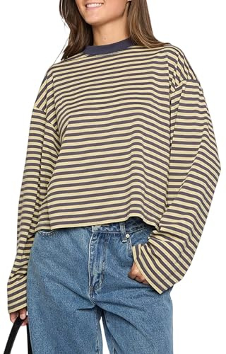 LEBOOBELL Femme Manches Longues à Rayures T-Shirt Pull à col Rond Sweatshirt Ample décontracté pour Printemps été(L, Beige)