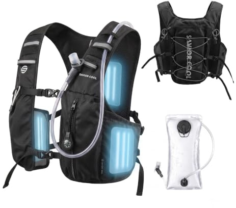 SAVIOR COOL Cooling Hydration Vest with 3 Cooling Packs, 2L Bladder | BPA-free PEVA, 10L multi-pocket storage, 420D ripstop fabric, 80–135 cm adjustable fit for running, hiking and cycling