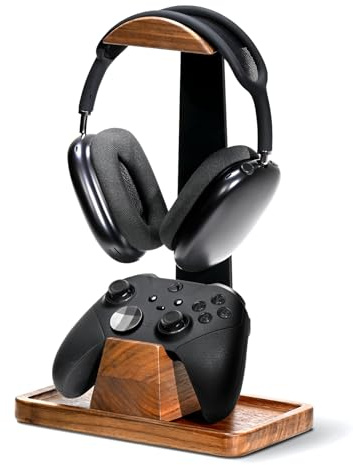 QzheMuw Soporte para auriculares y controlador de madera de nogal, soporte de auriculares de madera, organizador de almacenamiento de escritorio, accesorios de escritorio universales compatibles con