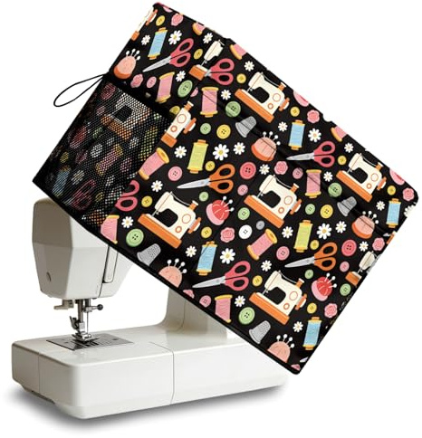 Peacoblue Sewing Machine Cover, Sewing Elements Pattern Dust Cover | With Storage Pockets, Protective Sewing Machine Case, Durable Fabric, Dustproof Cover for Standard Sewing Machines