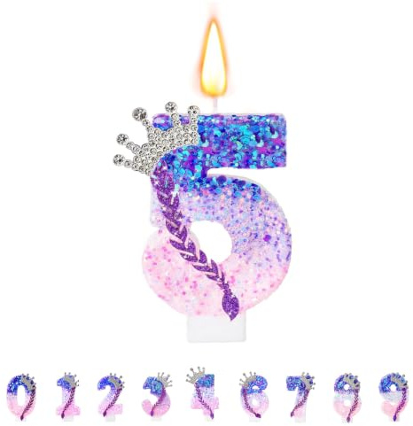 Floruvia Velas de Número de Cumpleaños, Velas Rosa Lila Para Tartas, Toppers de Número Brillantes con Lentejuelas Para Decoraciones de Aniversario (Corona Trenza, 5)