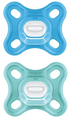 MAM Comfort Schnuller im 2er-Set, besonders kleiner und leichter Baby Schnuller für Früh- & Neugeborene aus 100% Silikon, mit weichem MAM SkinSoft Saugteil & Schnullerbox, 0+ Monate, blau/türkis