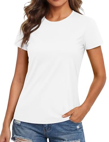 MAGCOMSEN Moisture Wicking Shirts for Women White Workout Tops Rash Guard Short Sleeve SPF Sun Shirts Athletic Cooling Tees, M