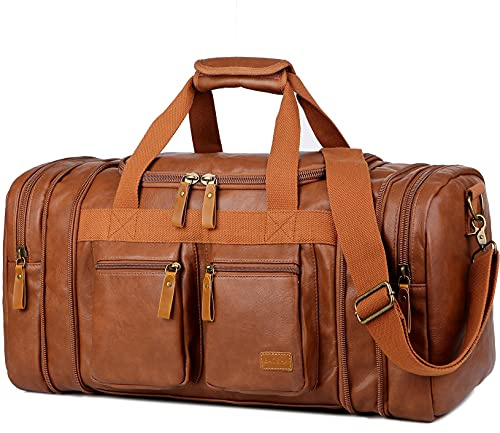Vegan Leather Travel Duffel Weekender Bag Carry on Overnight Bag Sports Duffel bag For men and Women HB-21 (Brown)
