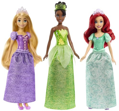 DISNEY Prinzessin 3er-Pack - Tiana, Rapunzel und Arielle mit Accessoires, abnehmbarem Diadem und Schuhe, lange Haare zum Kämmen und Stylen, für Kinder ab 3 Jahren, HLW45