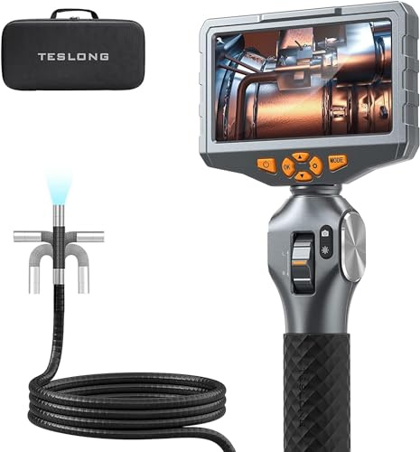 Teslong Inspection Camera, 5 Inch IPS Articulating Endoscope Camera with Two-Way Articulating Probe, 5FT Borescope Camwith Lights, 3000mAh Battery, 32G TF Card (6.5mm)