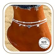 S925 Sterling Silver Anklet Bracelets for Women Waterproof, Layered Heart Diamond Charm Anklets Non Tarnish, Dainty Boho Jewelry Gifts for Mom, Her, Wife, Girlfriend, Summer Beach Vacation Jewelry