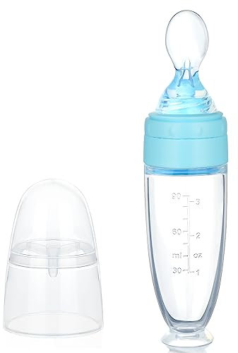 Aolso Baby Food Dispensing Spoon, Silicone Infant Squeeze Feeding Bottle, Baby Bottle with Spoon for Cereal Puree,Solid Food,90ML (Blue)