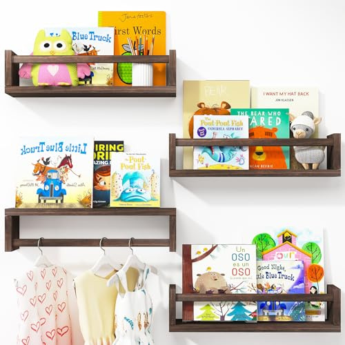 Fixwal Nursery Book Shelves, 16.5 Inch Nursery Shelves for Kids Rooms, Floating Shelves for Wall Set of 4, Solid Wood Wall Mounted Shelves for Books and Toys Storage (Brown)