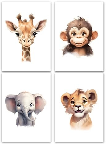 LAVEMA Bilder Kinderzimmer | Glückliche Afrika Safari Tiere | Poster A4 ohne Bilderrahmen | Kinderzimmer Poster | Mädchen und Jungen | Babyzimmer Deko