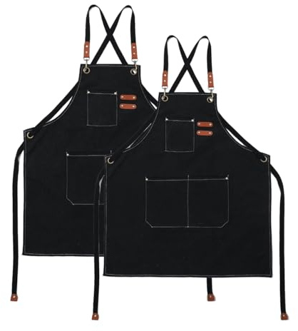 Kitchen Apron Canvas (2 Pack), Chef Apron Cross Back Adjustable Apron with 3 Pockets Professional Tool Work Apron Waterproof Barbecue BBQ Apron for Men Women, Cooking Painting Gardener (Black)