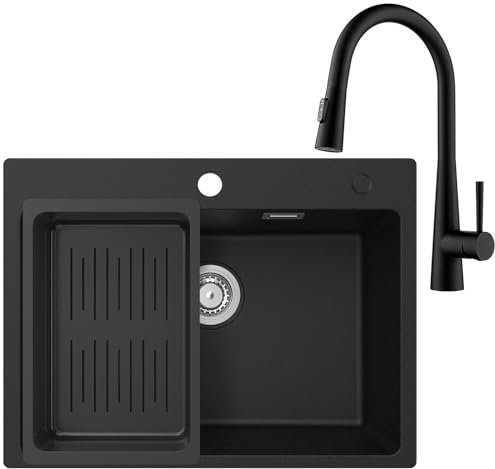 CECIPA Lavandino Cucina Nero in Granito 60 x 45cm con Rubinetto Doccetta, Lavello Cucina 1 Vasca con Colino Cestello, Lavabo Cucina per Armadio da Cucina da 60cm, con Sifone Classico e troppopieno