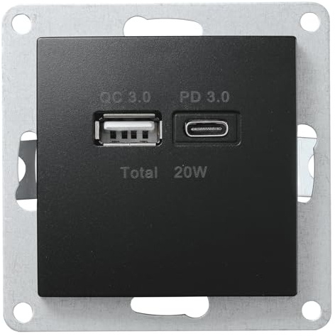 MC POWER USB Ladedose | FLAIR | 2-Fach, 3,4A, USB-A USB-C Ladesteckdose, Ladebuchse matt Schwarz für Wohnzimmer, Schalfzimmer Küche Büro