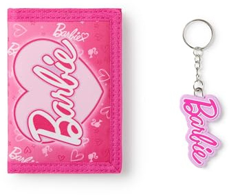 Barbie Girls Wallet | Pink Trifold Wallet Heart All Over Print for Kids | Childrens Cash & Card Holder Keychain