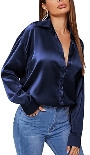 Zeagoo Damen Satin Bluse V-Ausschnitt Langarm Seidenbluse Elegant Satinblusen Causal Oberteil Langarmshirt Business Hemd Marineblau XL