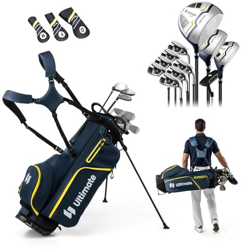 COSTWAY Ensemble Club de Golf Portable pour Hommes, Sac Trépied avec Driver 460CC #1, Bois #3 Hybride Fers #5#6#7#8#9#P #S Putter, Couvre-Chefs et Housse imperméable pour Droitier (Jaune)