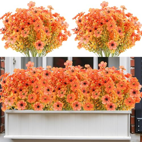 inreeme 12Bundles Autumn Artificial Fake Flowers for Outdoor | Fall Orange Fake Silk Flowers, Autumnal Faux Plastic Flowers That Look Real, UV Resistant Realistic Plants for Home Decor