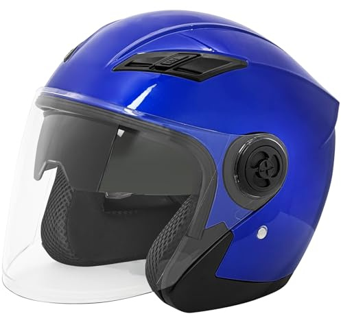 Open Face Motorcycle Helmet, 3/4 Helmet with Dual Sun Visor, Men Women Adult Motorbike Helmet for Scotter Chopper Moped Cruiser Casco, DOT Approved (Glossy Blue, Medium)