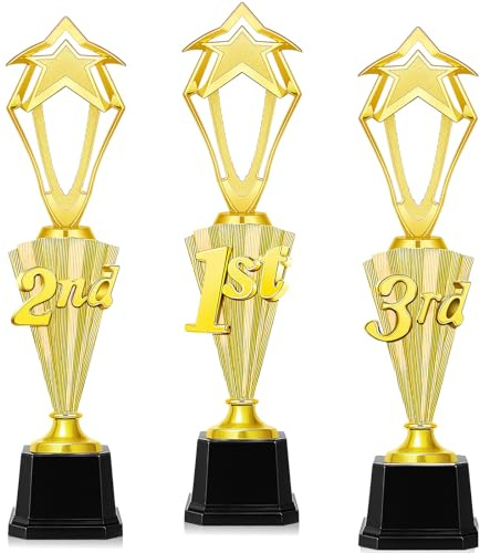 Kaxtde 3 Stück Pokal mit Stern Set, Goldene Trophäen Kinder mit Schwarz esockel, Kunststoff Fußball Trophy für Party Favors Mitgebsel beim Kindergeburtstag Wettbewerbe Sportturniere