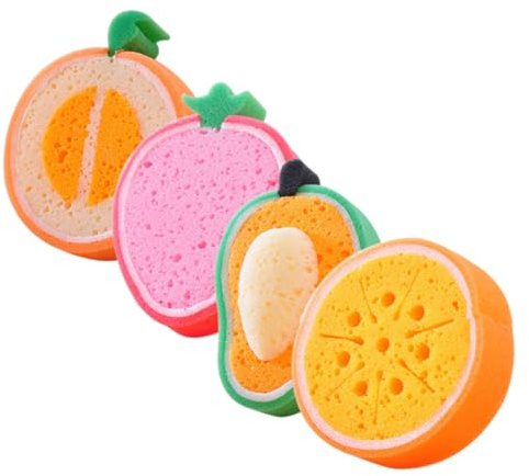 SAFIGLE 4 Spugne da Bagno a Forma di Frutta per Spugne Doccia Leggere e Portatili Design a Strati per Schiuma Uniforme Accessorio Bagno Sicuro e Pratico e Viaggi
