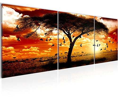 Väggmålningar Afrika Solnedgång 3 Delar Bild på non-woven canvas dekorations vardagsrum 90 x 30 cm Panorama Orange 001534c
