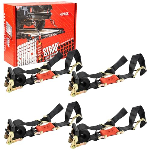 SHOCKSTRAP Ratchet Strap, 9' x 2 Shock Absorbing Heavy Duty Tie downs for Cargo, 2,000 LB WLL / 6,000 LB Break Strength, 4-Pack