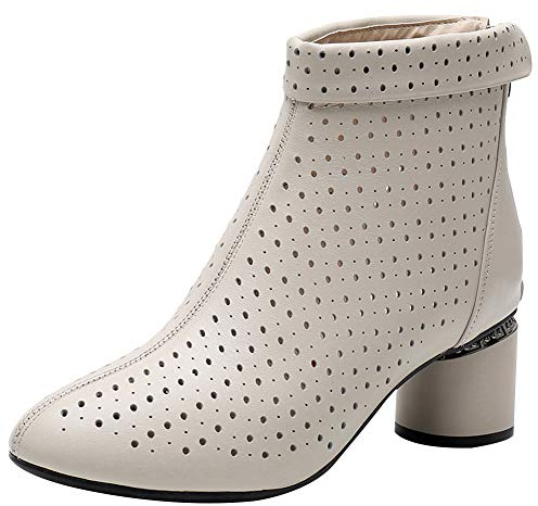 ANUFER Women's Elegant Block Heel Ankle Boots Breathable Hollowed-out Summer Booties Pumps Beige SN02542 US8