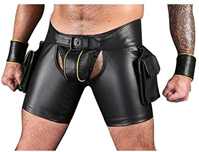 Short pour homme en cuir véritable avec poches cargo pour chap/motard sur mesure + bracelets gratuits - Noir - Small