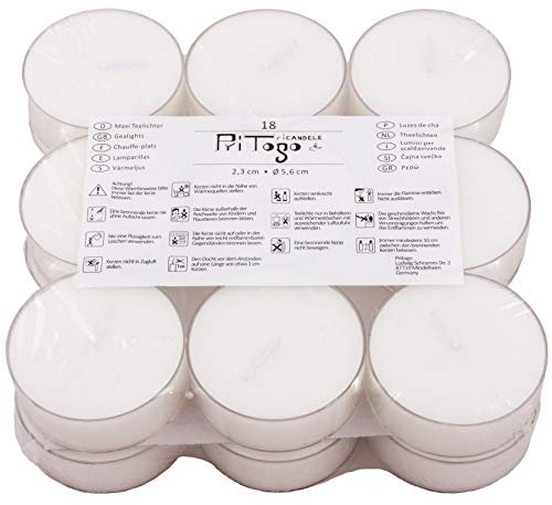 Pritogo Lot de 18 bougies chauffe-plat en plastique - Durée de combustion : 5 heures - XXL - Diamètre : 5,8 x 2,2 cm - Sans parfum