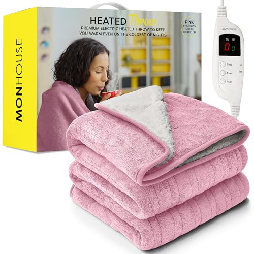 MONHOUSE 130X160 cm Soft Electric Sofa Blanket - Fleece Single Heated Throw With Digital Controller - Machine Washable Bed Throw, Timer up to 9 hours, 9 Heat Settings, Auto Shutoff - PINK Sherpa