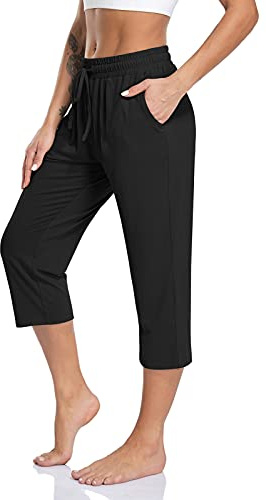 TARSE Womens Capris Pockets Summer Yoga Workout Sweatpants Loose Drawstring Beach Capri Pants Lounge Pajama Cropped Pants (Black,L, Soft )