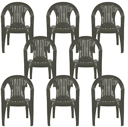 simpahome Stackable Low Back Plastic Garden Chairs - DARK GREY - Set of 8 Chairs for Indoor or Outdoor Use.