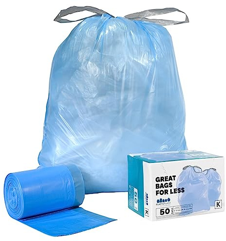 Plasticplace Code K Compatible (50 Count) Blue Recycling Bags Drawstring Rubbish Bin Liners 10 Gallon / 38 Liter 24.4 x 28