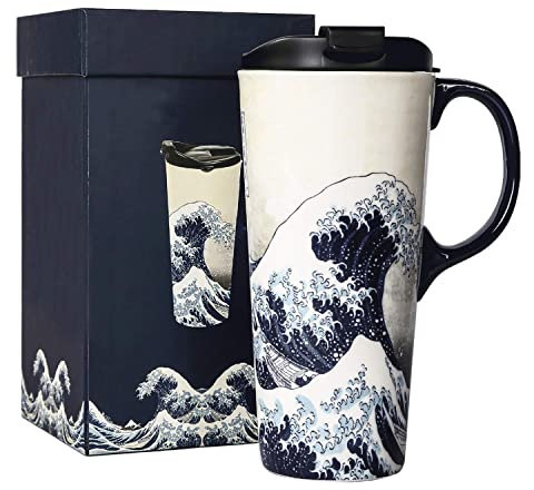 DUSVALLY Ceramic Mug Coffee Mug with Lid Porcelain Cup with Color Box,17oz.The Great Wave