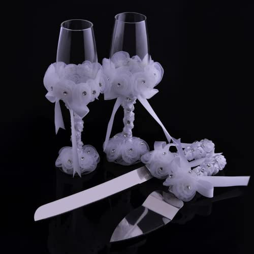 Accessoires de mariage créatifs - Tasse à vin et couteau à gâteau - Pelle en verre transparent - Couteau en acier inoxydable - Pelle blanche - Couteau à gâteau - 4 pièces