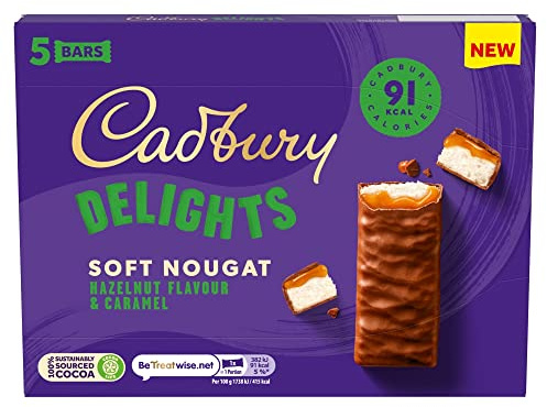 Cadbury Delights Soft Nougat Hazelnut Flavour & Caramel Bars, Chewy Nougat Bars With Hazelnut & Caramel, Multipack of 5 x 22 g (Pack of 1)