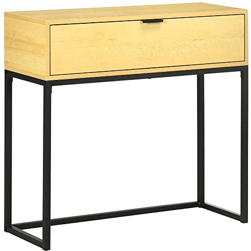 HOMCOM Mesa Consola con Cajón Consola Auxiliar Moderna Mesa de Entrada con Patas de Acero para Pasillo Salón Dormitorio 80x30x76 cm Natural