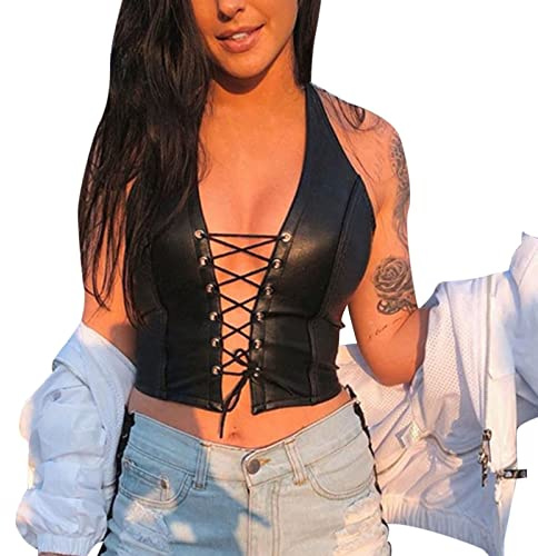 Femmes Sexy PU Cuir Crop Débardeurs Halter Lace Up Camisole Gilet Pour Casual Party Festival Rave Top tube à col en U (Black, M)