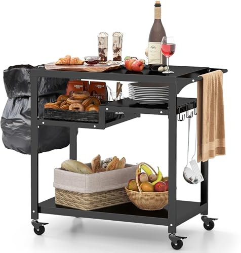GOPLUS Desserte Jardin, Chariot de Barbecue avec 4 Roues,Desserte Extérieur pour Barbecue, Plancha avec 4 Crochets et Étagère, 111 x 50,5 x 93 cm,Charge 50KG