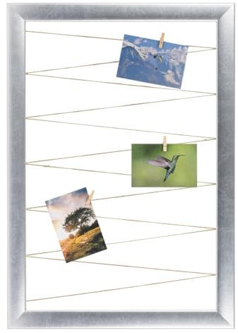 CLAMARO Neo Collage Picture Frame with Photo String, 65x85 cm, Silver | 20 Wooden Pegs, Jute Twine, MDF Frame 38 mm Wide, Metal Wall Bracket, Ideal as Photo Collage or Gallery Wall